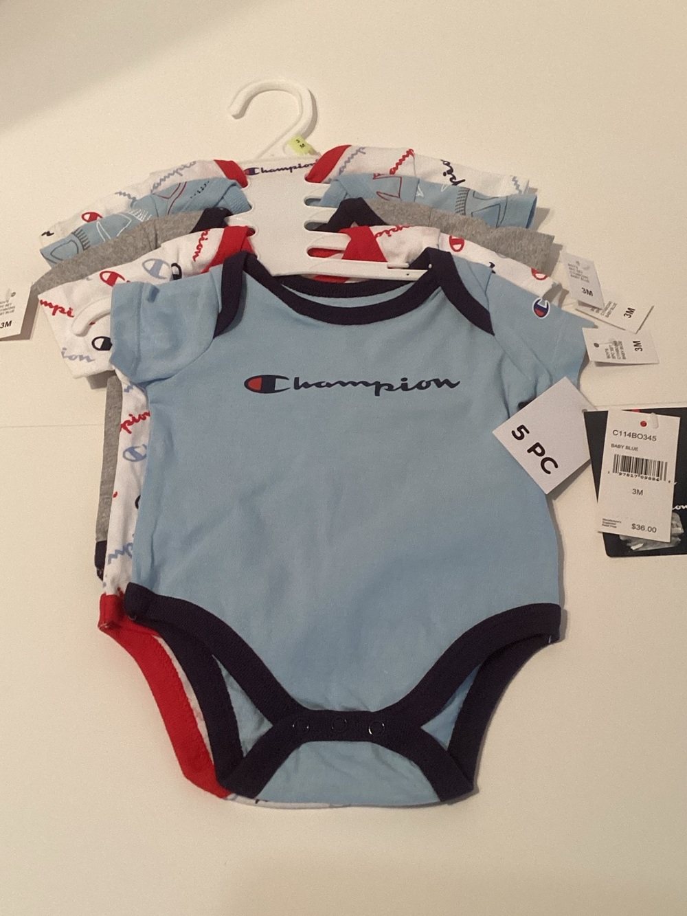 Champion Baby Blue Logo One-Piece Bodysuit - 5 Pack NWT